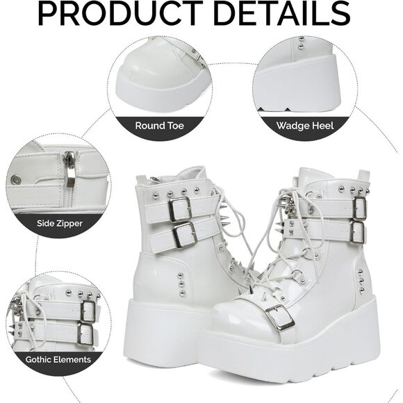 Women Polyurethane White Round Toe Buckle Leather Platform Side Zip Ankle Boot - Picture 5 of 7